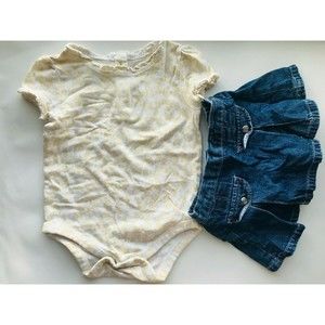 Girl's Size 12M 9-12 Months Two Piece Cream Butterfly Top & Denim Ruffled Skirt